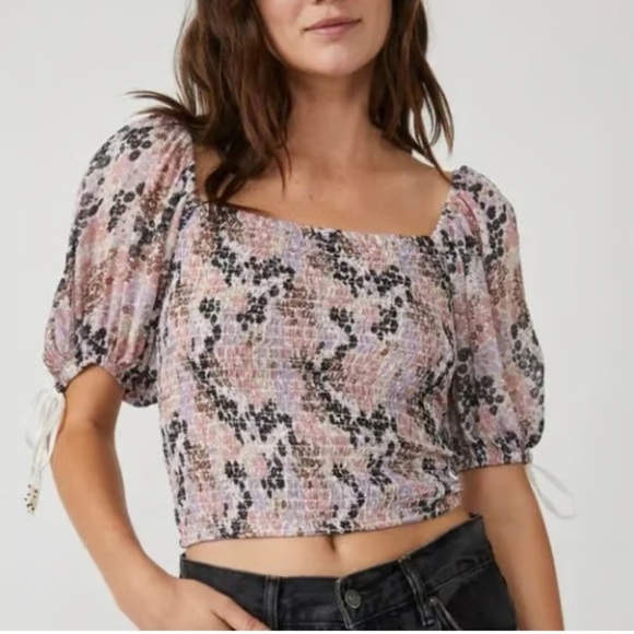 Free People Floral Shoulder And Wrist Tie Square Neck Crop Top A7 - Picture 1 of 6
